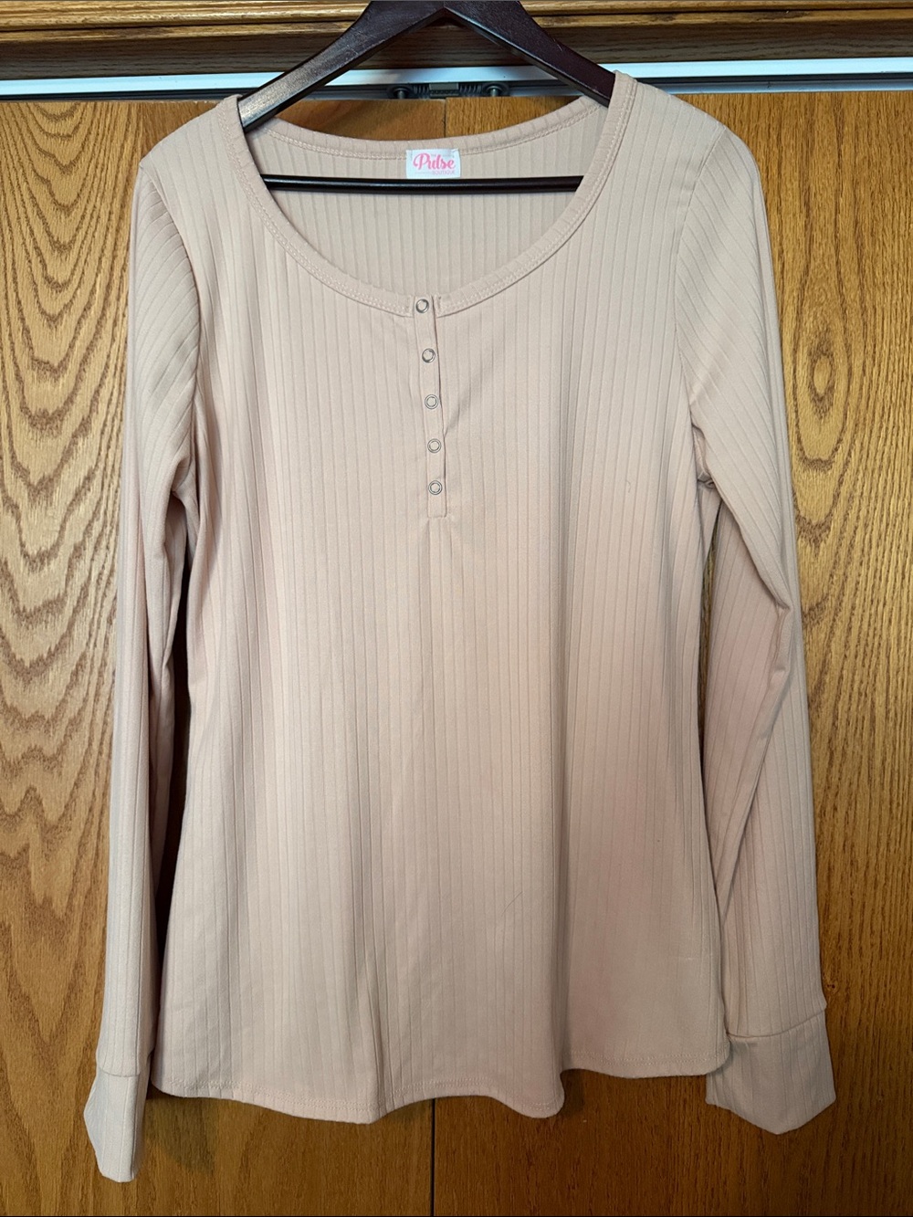 Pulse Beige Ribbed Long-Sleeve Henley Top